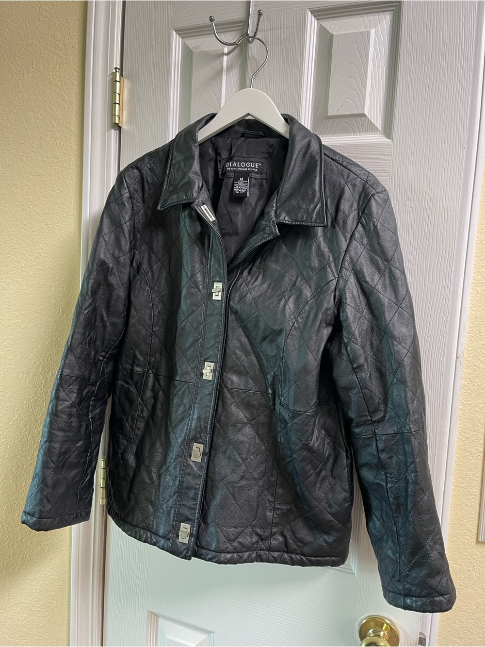 Dialogue Quilted Black Leather Jacket with Square Toggle Closures